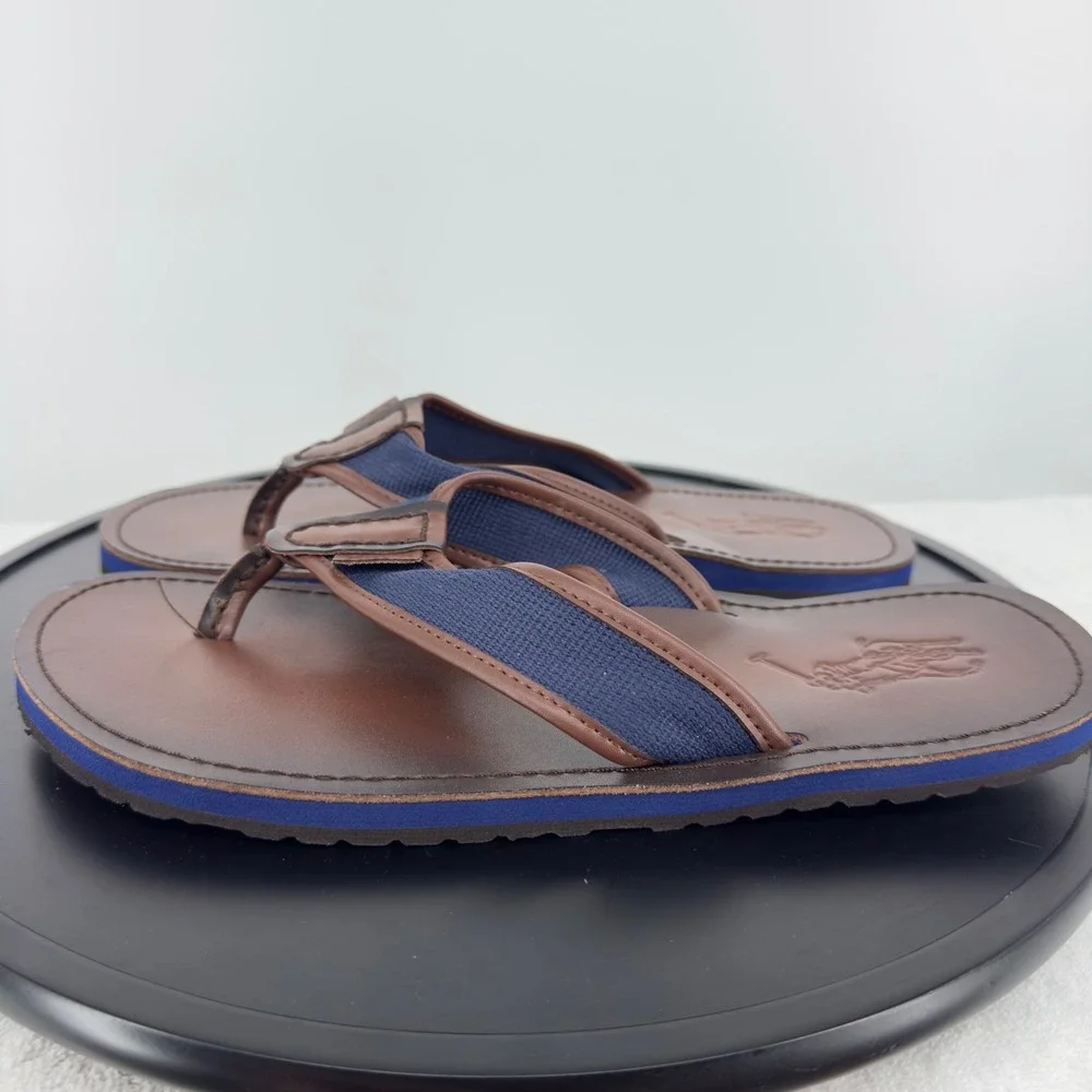 Polo Ralph Lauren Sullivan Men 12D Brown Navy Leather Webbing Flip Flop Sandals